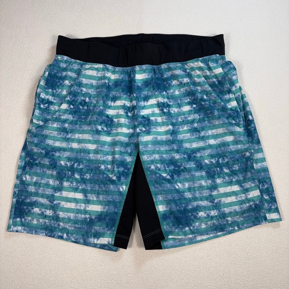 Lululemon T.H.E. Lined 9" Shorts Men XL Blue Green Stripe Drawstring Stretch